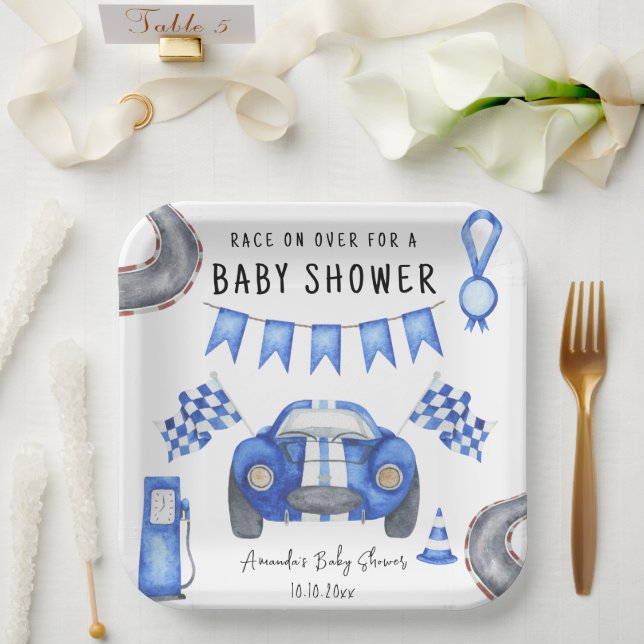 Assiettes En Carton Watercolor Blue Race Car Baby shower (Mariage)