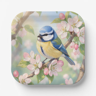 Assiettes En Carton Watercolor Blue Tit Bird on Apple Tree Spring