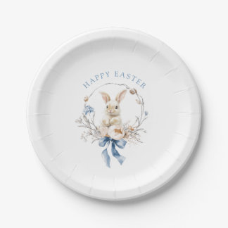 Assiettes En Carton Watercolor Bunny Flowers Blue Bow Spring Easter