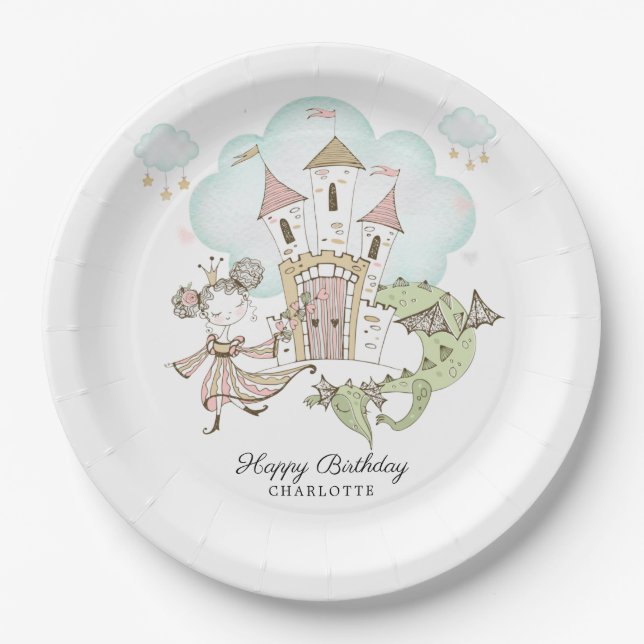 Assiettes En Carton Watercolor Castle Princess Dragon Girl'anniversair (Devant)