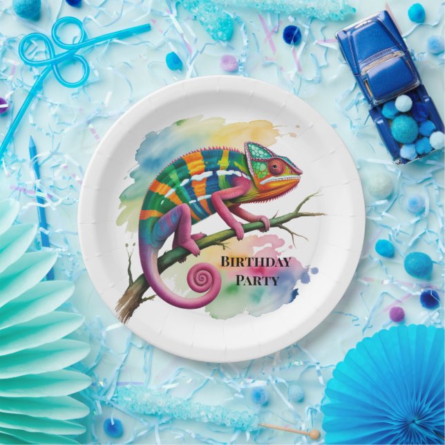 Assiettes En Carton Watercolor Colorful Chameleon Birthday Party (Fête)