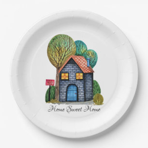 Assiettes En Carton Watercolor cute Home Sweet Home Art