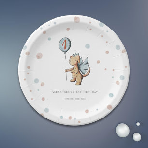 Assiettes En Carton Watercolor Dragon Première fête d'anniversaire