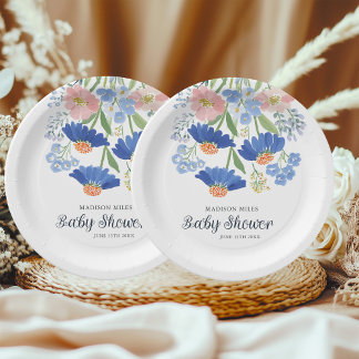 Assiettes En Carton Watercolor Dusty Blue Wildflower Bouquet Baby Show