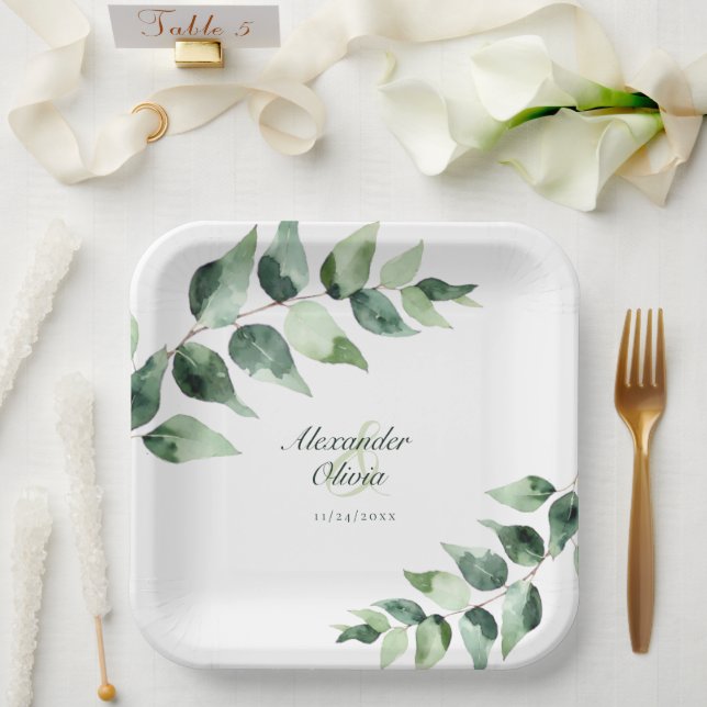 Assiettes En Carton Watercolor Eucalyptus Wedding | White (Mariage)