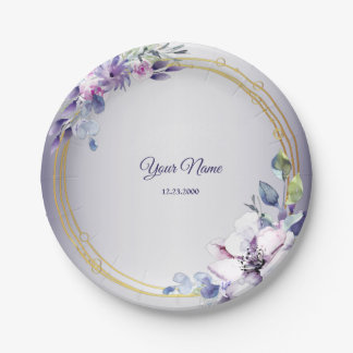 Assiettes En Carton Watercolor Floral Geometric Golden Purple Wedding