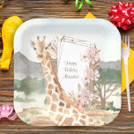 Assiettes En Carton Watercolor Giraffe in African Savannah Birthday<br><div class="desc">Add an adorable custom safari theme to the birthday party or baby shower of your little girl or boy with this pretty watercolor giraffe paper plate. Plate has a giraffe in front of an African savannah background. There are also flowers and a place for your custom text. Makes a cute...</div>