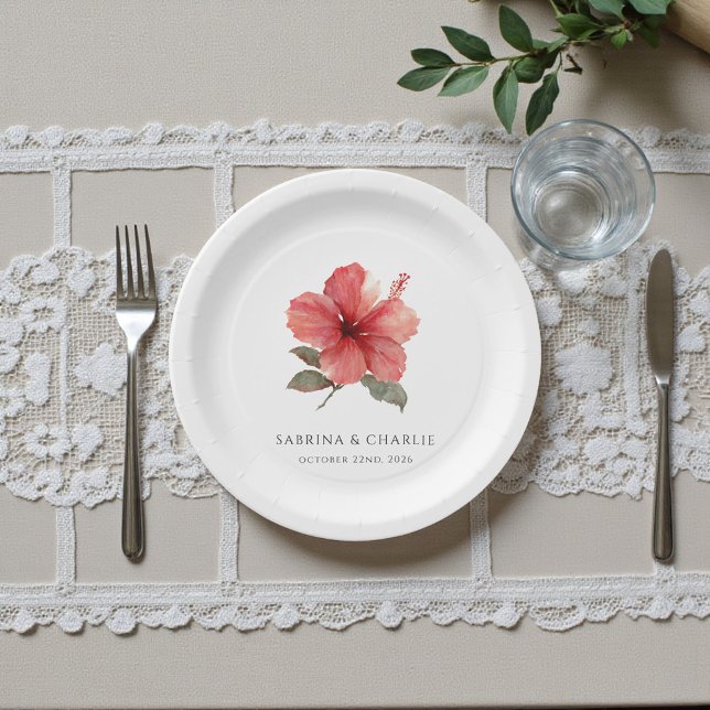 Assiettes En Carton Watercolor Hibiscus Flower Tropical Aloha Wedding  (Watercolor Hibiscus Flower Tropical Aloha Wedding Paper Plates)