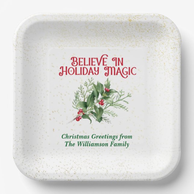 Assiettes En Carton Watercolor Holly Believe Holiday Magic Christmas (Recto)