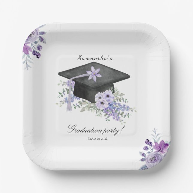 Assiettes En Carton Watercolor  Lavander Purple Floral Graduation  (Recto)