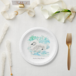 Assiettes En Carton Watercolor Little Swan Baby Shower