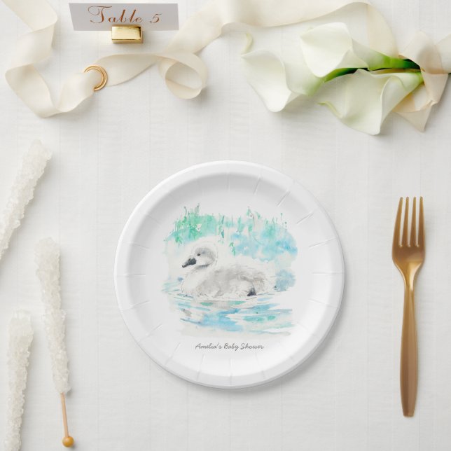 Assiettes En Carton Watercolor Little Swan Baby Shower (Mariage)