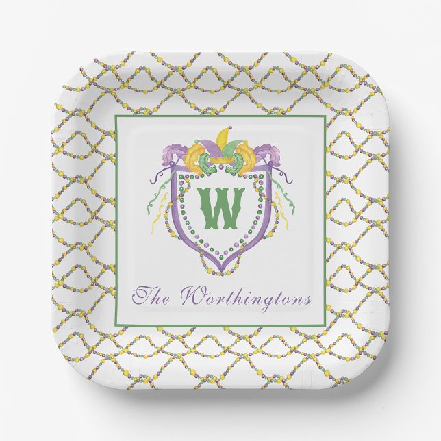 Assiettes En Carton Watercolor Mardi Gras Monogram Crest (Créateur téléchargé)