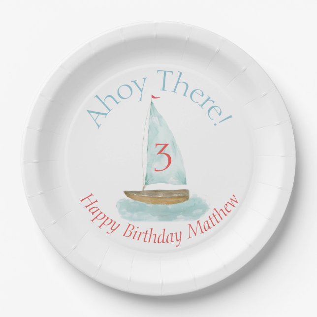 Assiettes En Carton Watercolor Nautical Sailboat Birthday  (Devant)