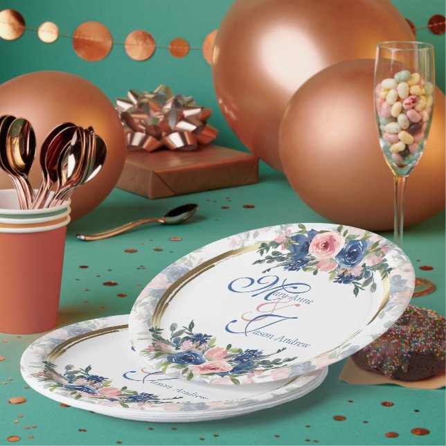 Assiettes En Carton Watercolor Navy & Blush Mariage (Multi)
