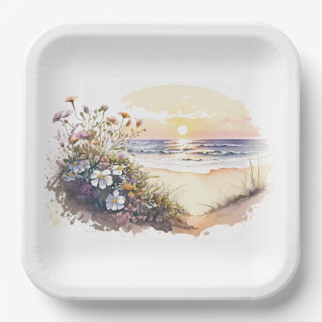 Assiettes En Carton Watercolor Ocean Beach avec fleurs (Recto)