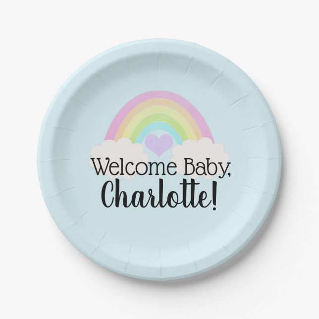 Assiettes En Carton Watercolor Pastel Rainbow Welcome Baby shower (Devant)
