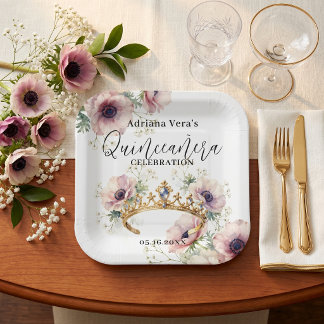 Assiettes En Carton Watercolor Pink Anemones Gold Tiara Quinceañera