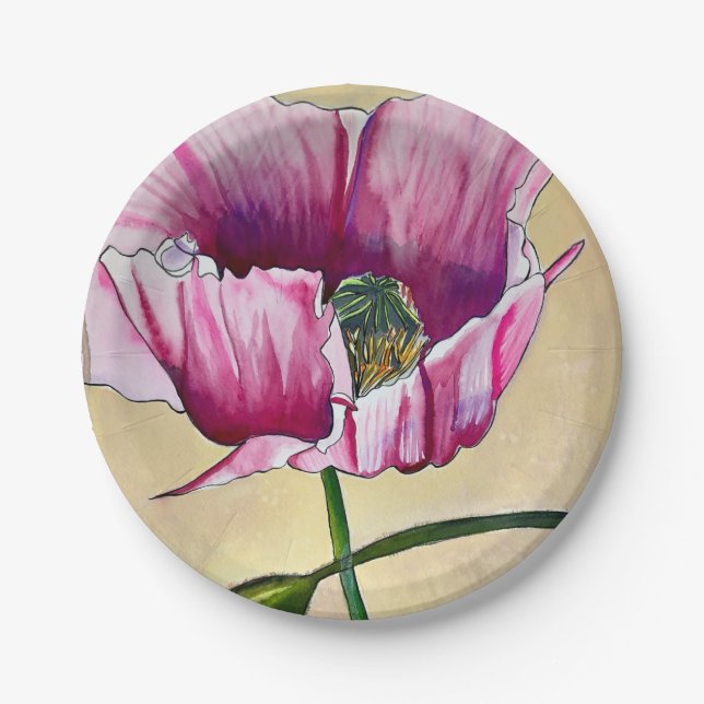 Assiettes En Carton Watercolor pink poppy art flower (Devant)