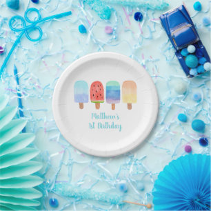 Assiettes En Carton Watercolor Popsicle Blue Boy Anniversaire