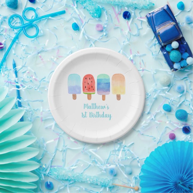 Assiettes En Carton Watercolor Popsicle Blue Boy Anniversaire (Fête)