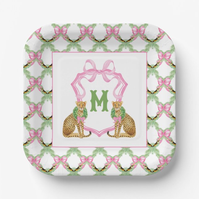Assiettes En Carton Watercolor Preppy Leopard Monogram Crest (Recto)