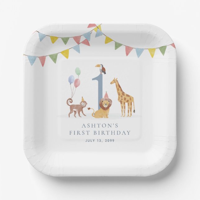 Assiettes En Carton Watercolor Safari Animals Birthday Paper Plate (Recto)