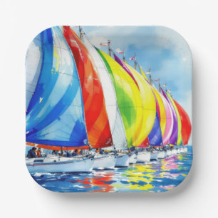 Assiettes En Carton Watercolor Sailboat Regatta
