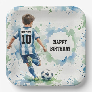Assiettes En Carton Watercolor Soccer Boy Birthday Blue