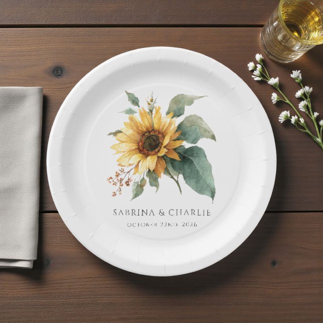 Assiettes En Carton Watercolor Sunflower Rustic Country Wedding  (Créateur téléchargé)