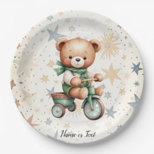 Assiettes En Carton Watercolor Teddy Bear Stars Green Bike Party
