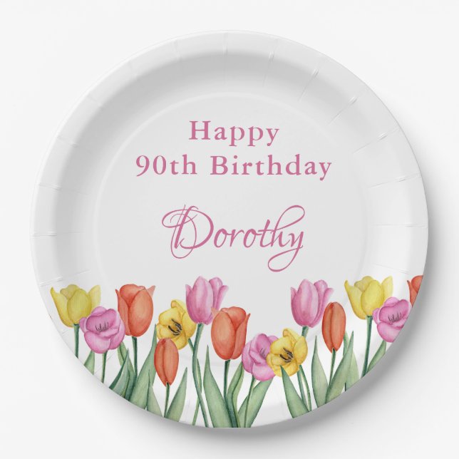Assiettes En Carton Watercolor Tulips 90th Birthday Party (Devant)