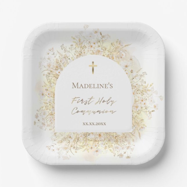 Assiettes En Carton watercolor white yellow flowers First Communion (Recto)