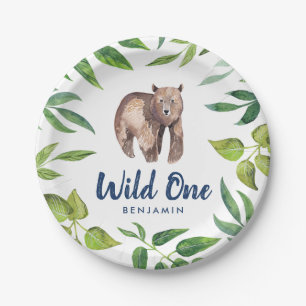 Assiettes En Carton Watercolor Wild One Bear First Birthday Blanc