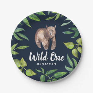Assiettes En Carton Watercolor Wild One Bear First Birthday  Marine