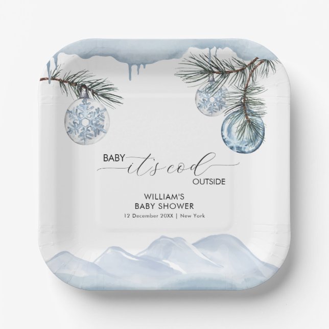 Assiettes En Carton Watercolor Winter Mountain Snowflake Baby Shower (Recto)