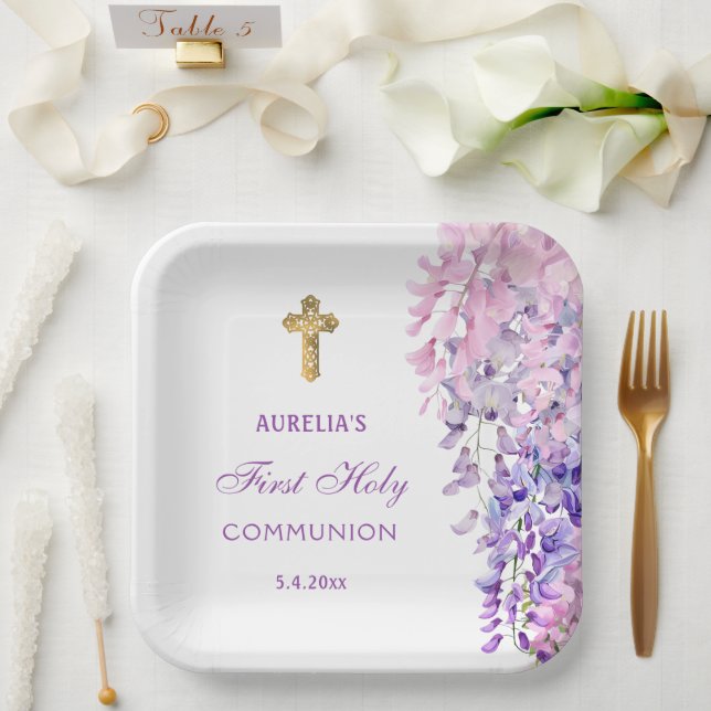 Assiettes En Carton Watercolor Wisteria First Communion (Mariage)