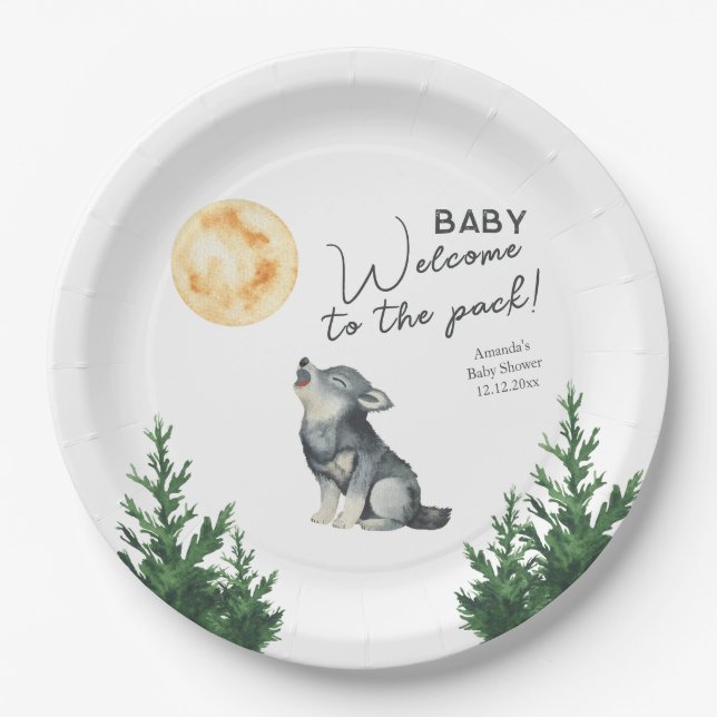 Assiettes En Carton Watercolor Wolf Baby Shower  (Devant)