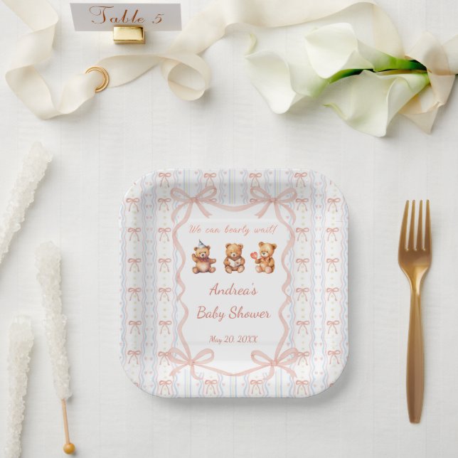 Assiettes En Carton We Can Bearly Wait Pink Lace Ribbon Baby Shower  (Mariage)