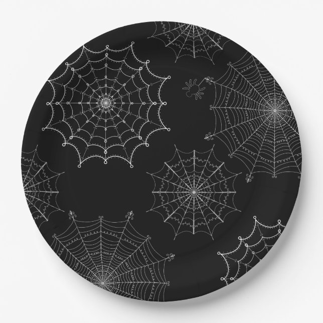 Assiettes En Carton Webs d'araignées d'Halloween noir et blanc (Devant)