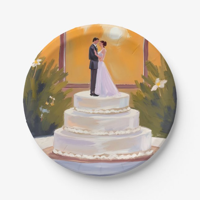 Assiettes En Carton Wedding Cake Bride & Groom Brunette Watercolor (Devant)