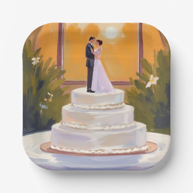 Assiettes En Carton Wedding Cake Bride & Groom Brunette Watercolor (Recto)