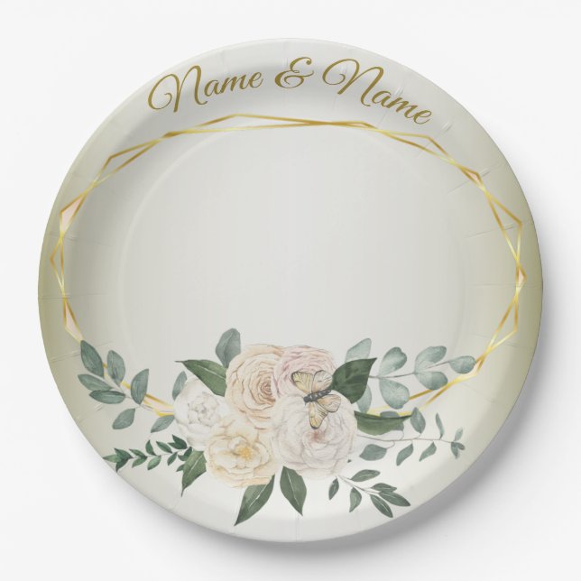 Assiettes En Carton Wedding Greenery Leaves Pink Floral Gold Geometric (Devant)