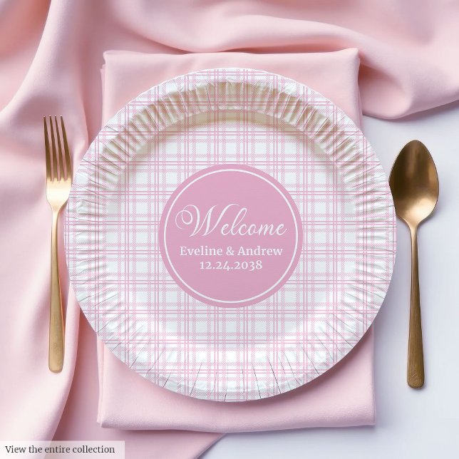 Assiettes En Carton Wedding Party Paper Plates Pink Tartan Minimalist  (Wedding Party Paper Plates Pink Tartan Minimalist Art)