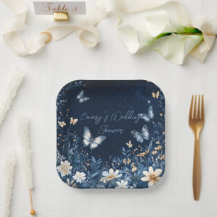 Assiettes En Carton Wedding shower de papillons floraux bleus et blanc