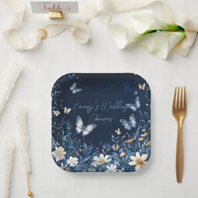 Assiettes En Carton Wedding shower de papillons floraux bleus et blanc (Mariage)