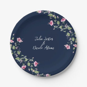 Assiettes En Carton Wedding shower en fleur d'Hibiscus rose bleu marin