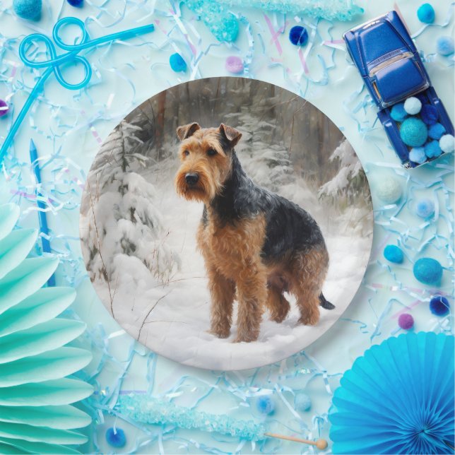 Assiettes En Carton Welsh Terrier Laisser Neige Noël (Fête)