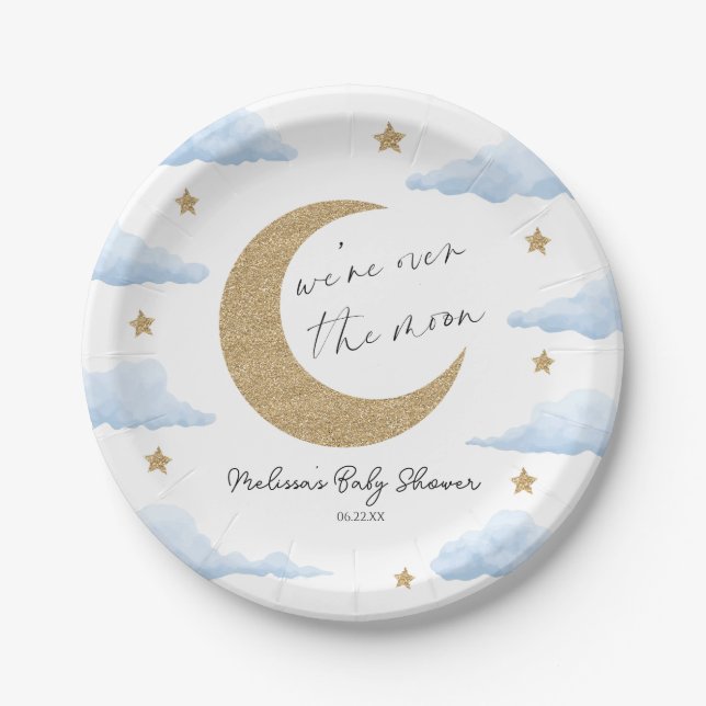 Assiettes En Carton We're Over The Moon Blue Celestial Baby Shower (Devant)