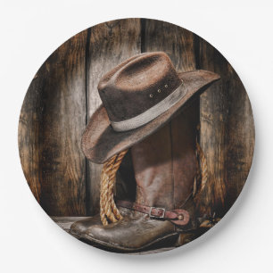 Assiettes En Carton western country brun grange bois cowboy bottes